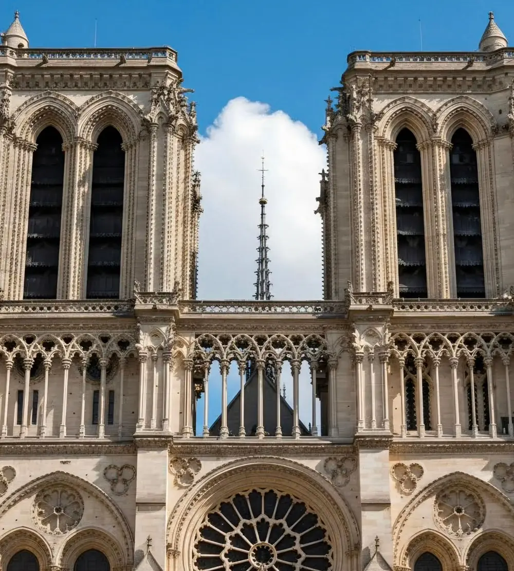 The twin west towers of Notre-Dame de Paris and the gallery between them, against a blue sky